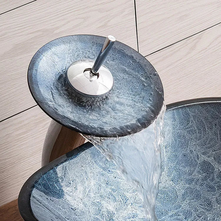 Blue grey foil coloured tempered glass bathroom vanity basin with a simple art design