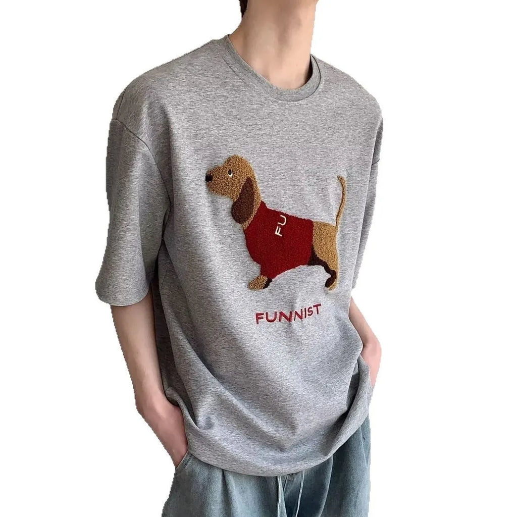 Men's grey cotton T-shirt with embroidered sausage dog towel design, short sleeves, round neck