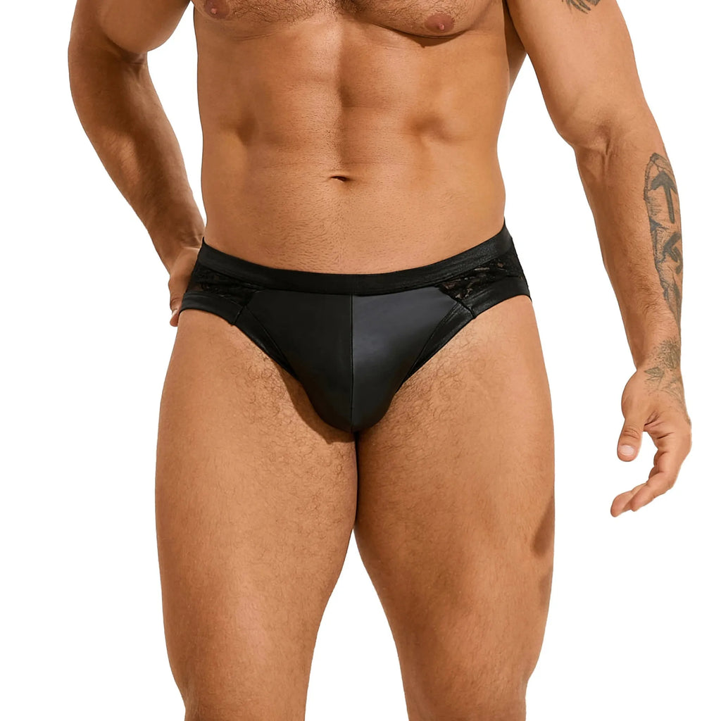 Black men's faux leather briefs with decorative stitching and lace trim detail
