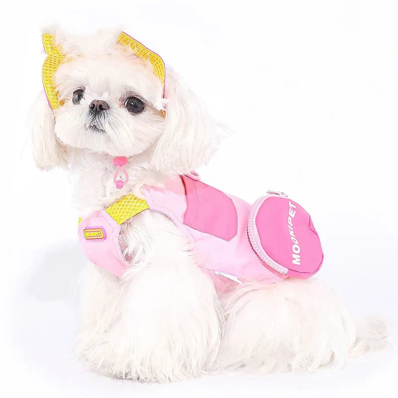 Pink polyester traction vest for small dogs on a Bichon Frisé, showing casual style and lead attachment point.