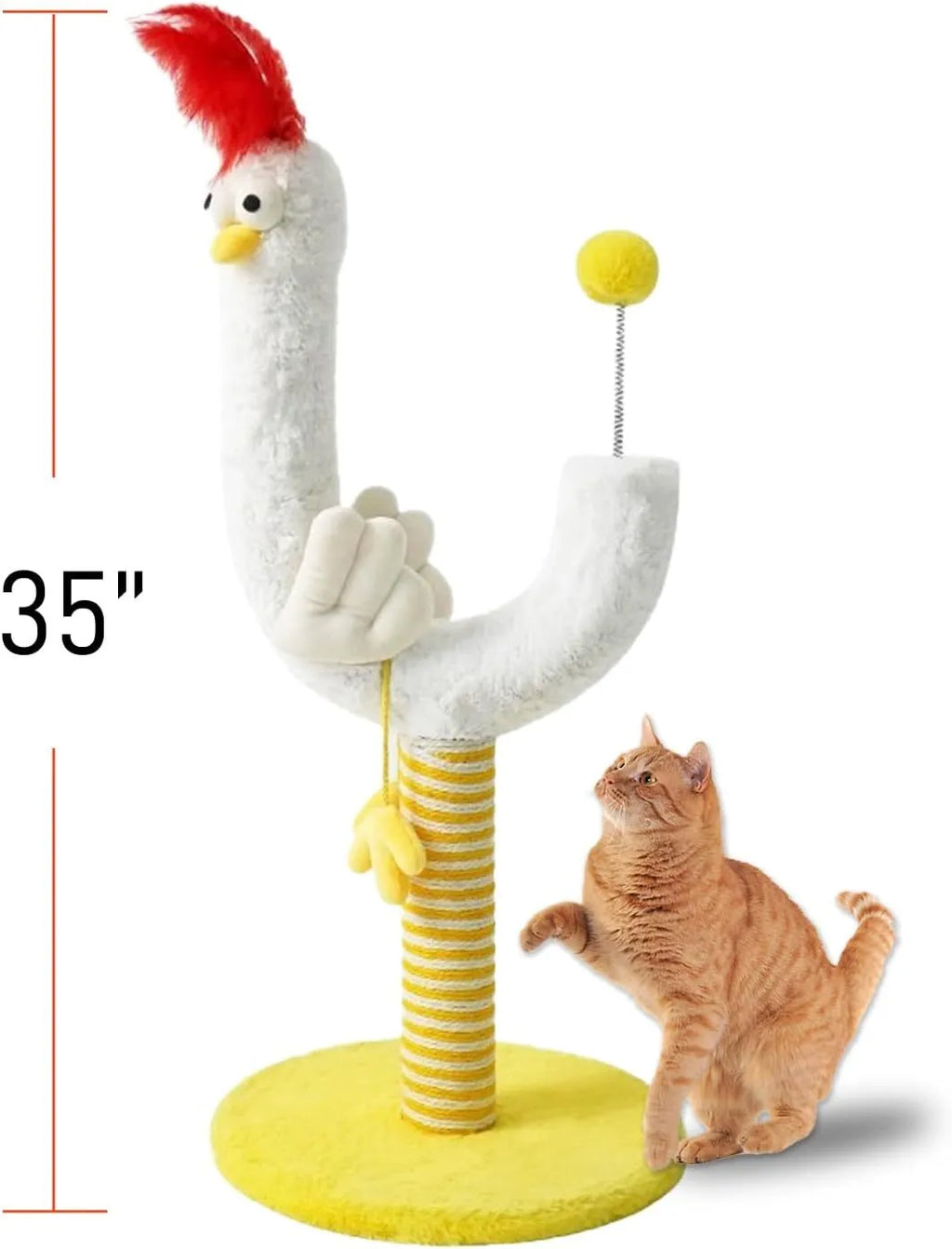 Yellow sisal cat scratching post with spring ball and U-shaped curved design