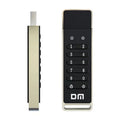 Metal encrypted USB flash drive with fingerprint sensor showing 64GB capacity and USB 3.0 connector