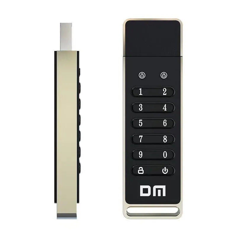 Metal encrypted USB flash drive with fingerprint sensor showing 64GB capacity and USB 3.0 connector