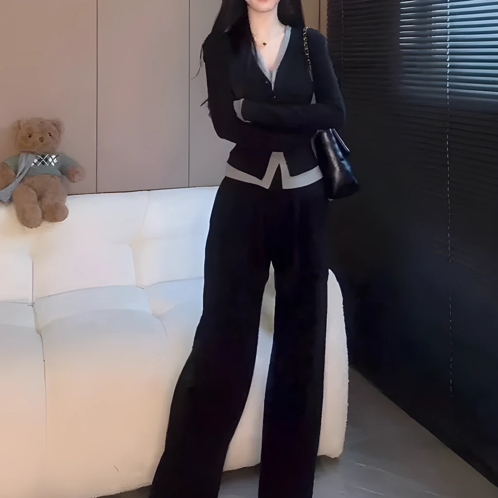 Plus-size high-waisted wide-leg pants two-piece set in cotton, black with gray colour