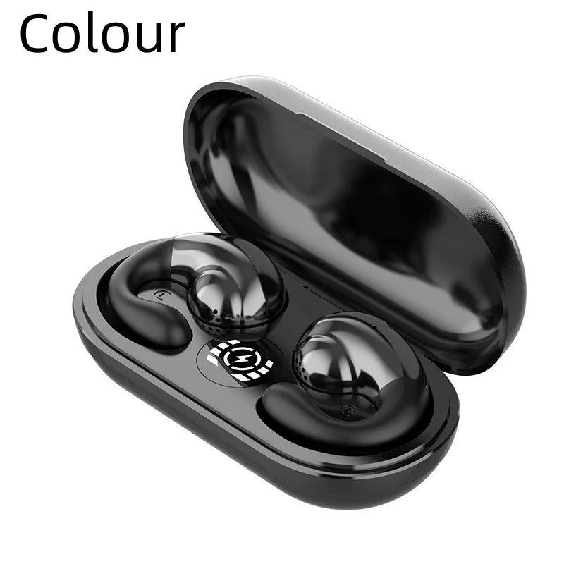 Wireless Bluetooth sports headphones with ear clip design showing digital display and available in multiple colours