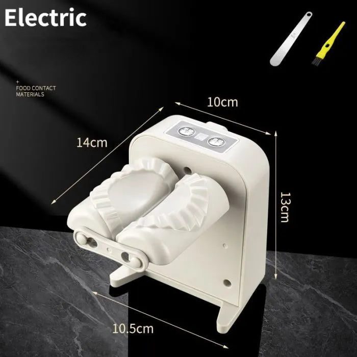 White electric dumpling maker machine with USB charging cable and accessories