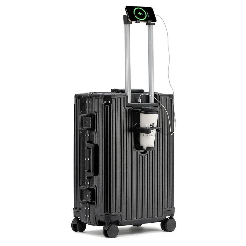 Hard shell aluminium frame luggage in avocado green with USB port and universal wheels.