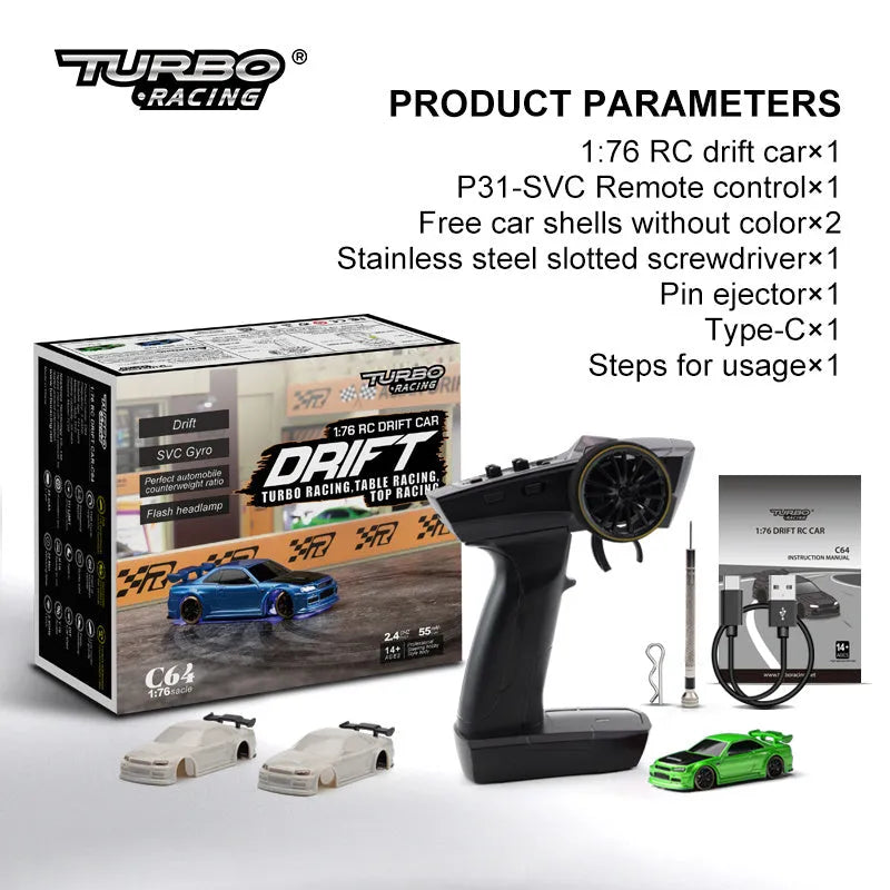 Blue Turbo Racing C64 1:76 scale gyro RC drift car with P21-SVC remote control