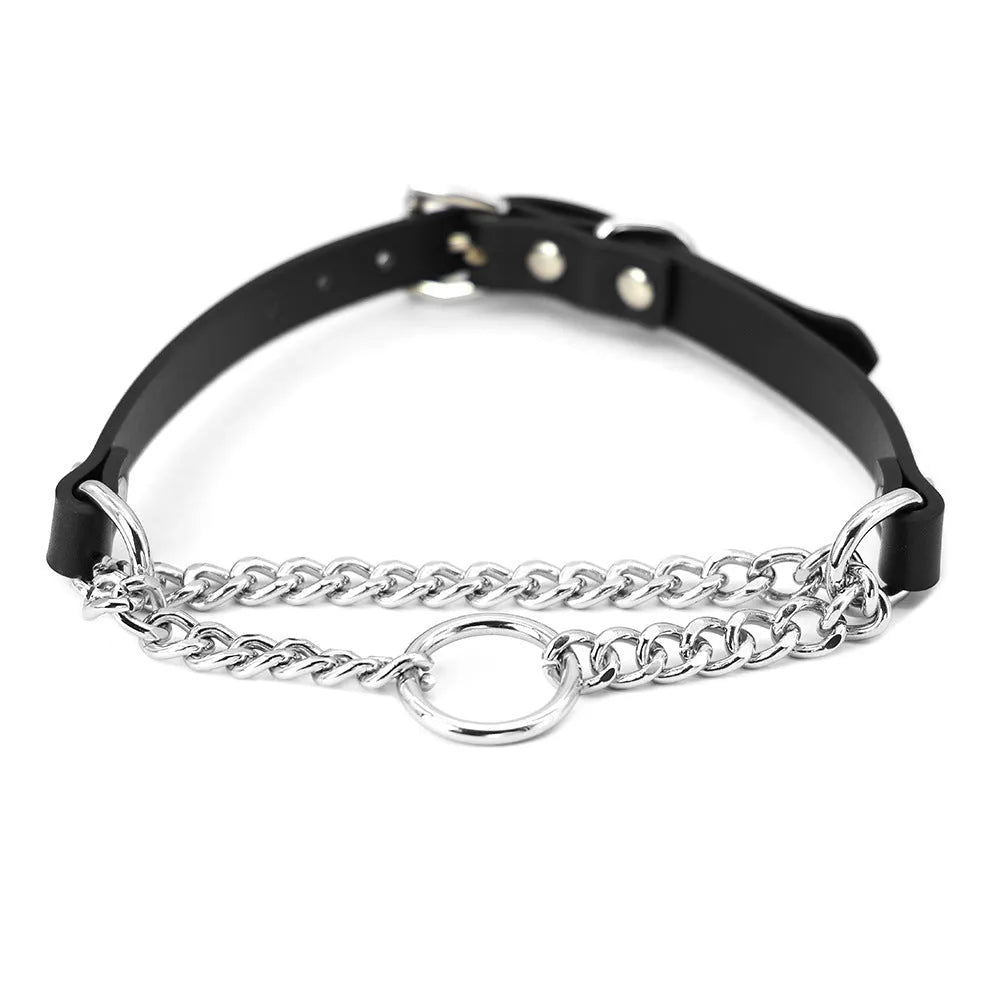 Black cowhide leather bondage collar and matching leash with hand grip rope.