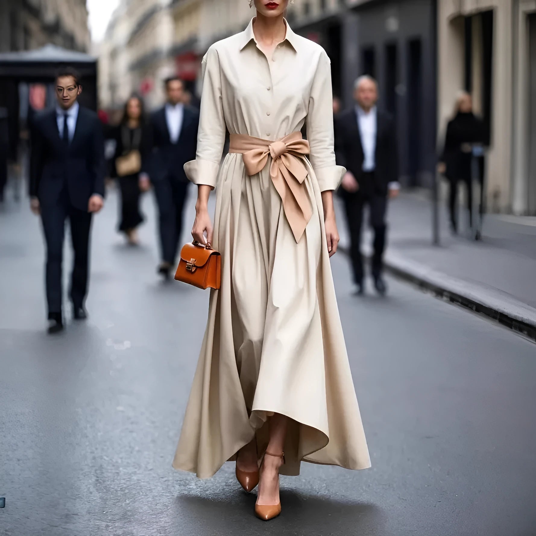 Solid colour lace-up maxi dress in beige with asymmetric hem and pullover neckline on a model.