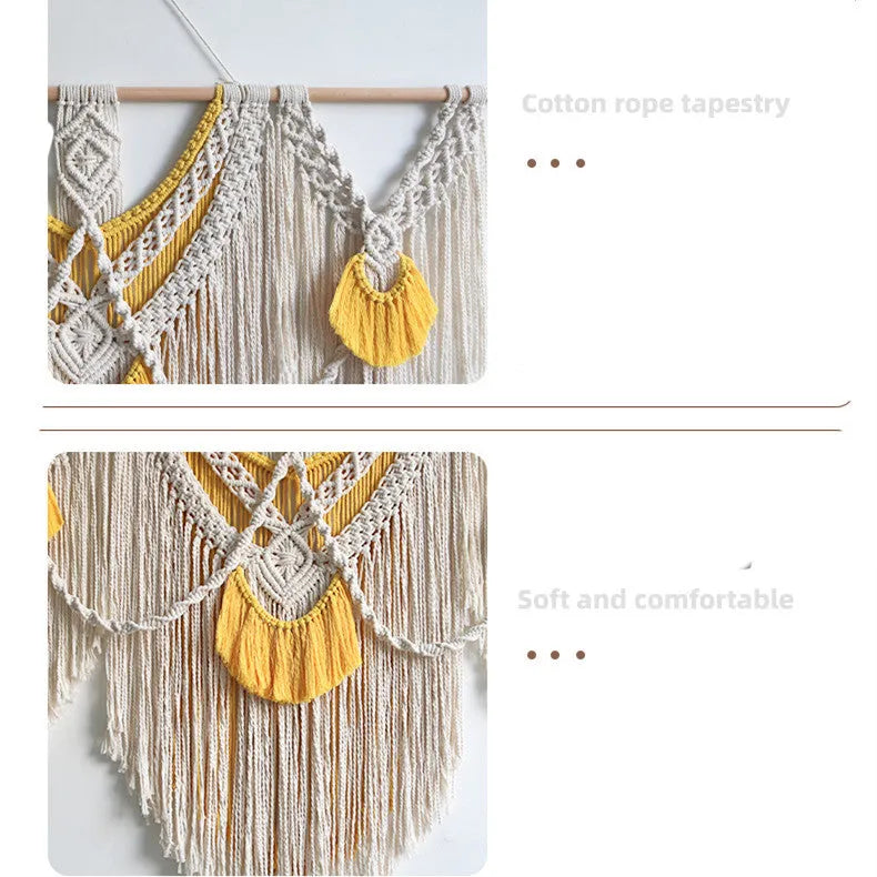 Creamy white hand-woven cotton Nordic tapestry hanging on a wall, rectangular shape 120cm by 95cm.