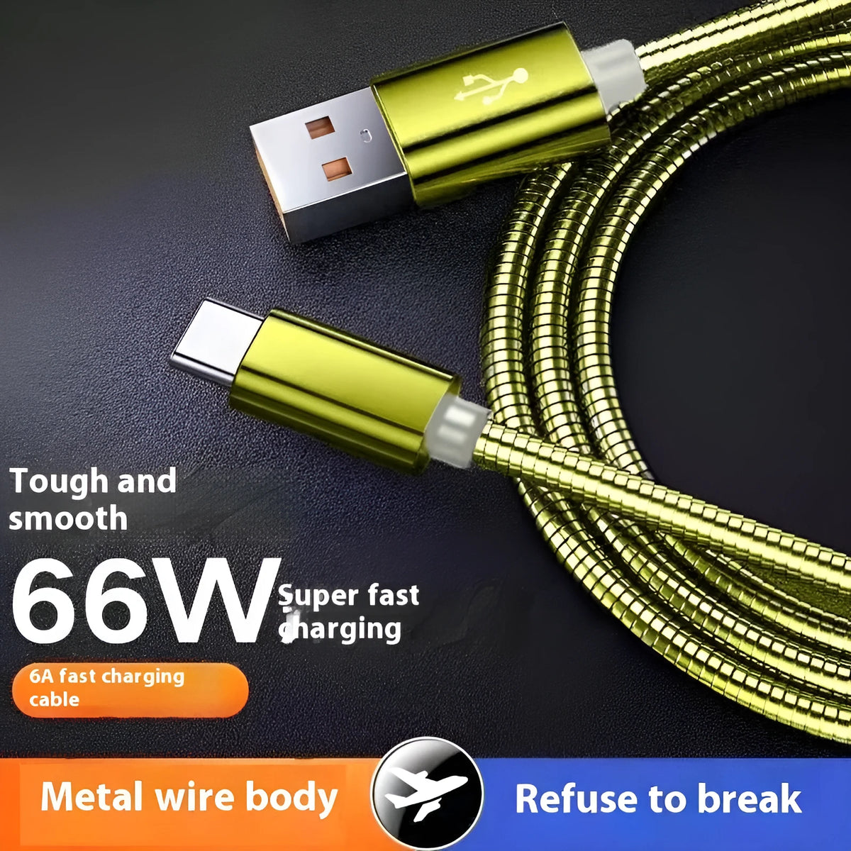 Stainless steel spring data cable cover in black or local gold, for Lightning Micro USB Type-C, 1m to 2m.