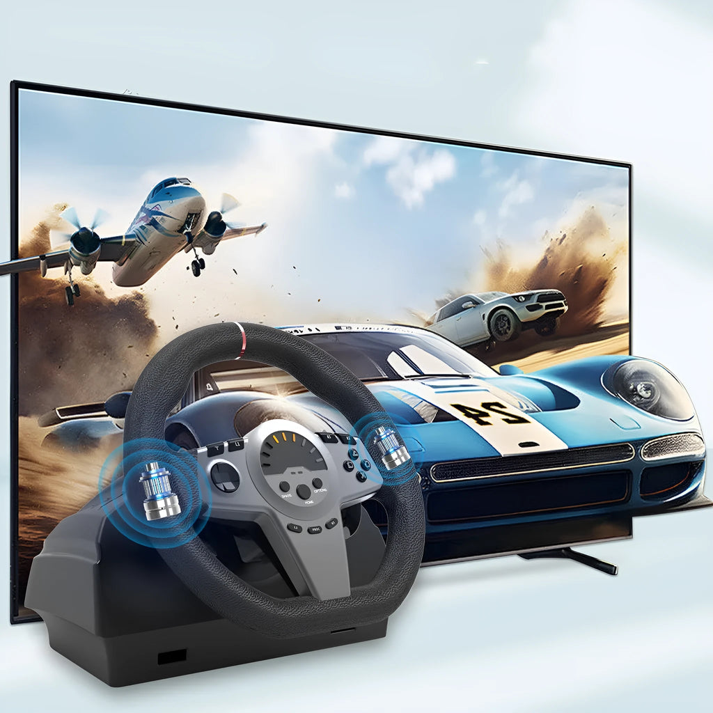 Black multi-platform game steering wheel with two pedals and paddle shifters on a desk.