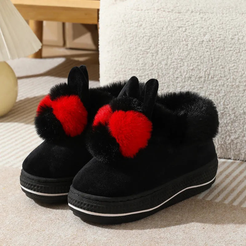 Grey plush winter high heel slippers with thick TPR sole for women