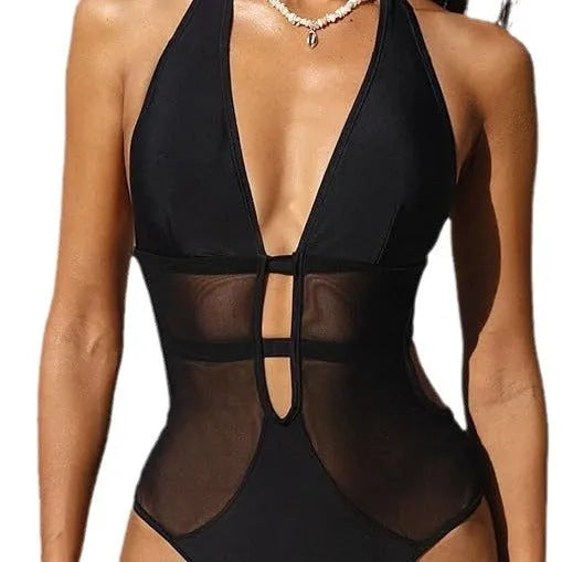 Black women's one-piece swimsuit with mesh panels and V-neck design