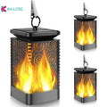 Set of four black solar-powered garden lanterns with flickering flame LED lights.