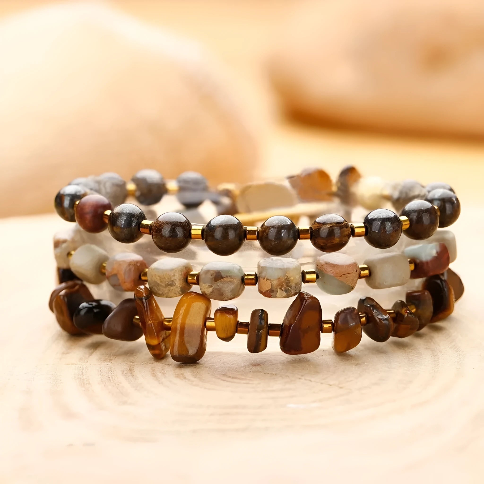 Handmade tigereye and bronze geometric bracelet with texture and hitch elements