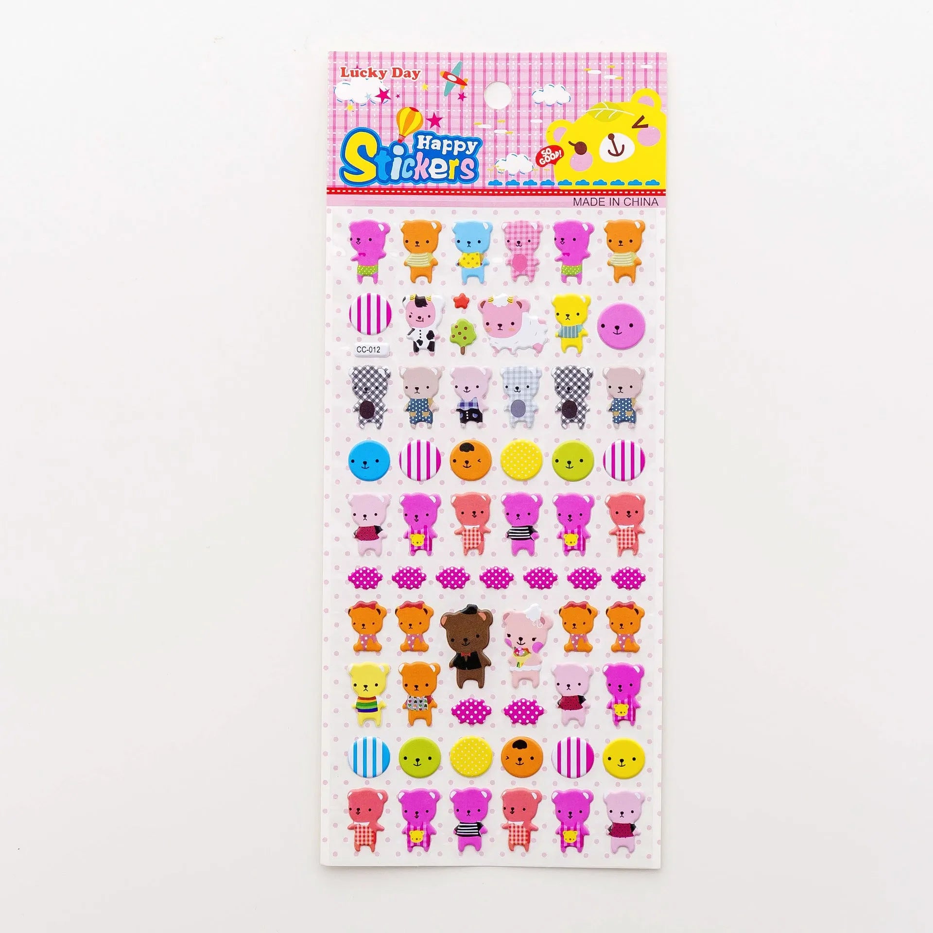 Sheet of cartoon-themed three-dimensional bubble stickers with raised surfaces on various designs like an alpaca, dinosaur, and bow tie cat.