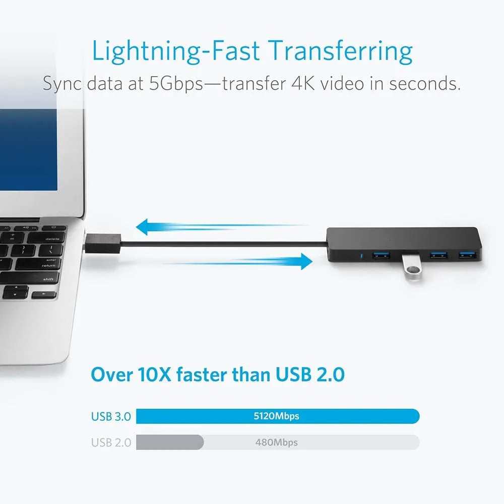 Black USB 3.0 hub with four ports and 30cm cable for computer expansion
