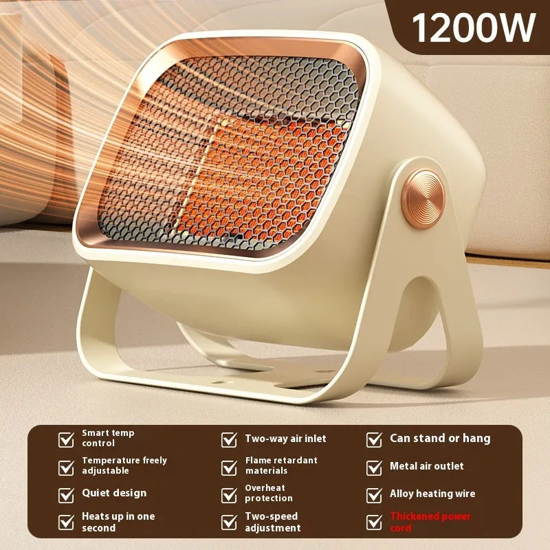 Compact white desktop ceramic heater with rotatable base on a wooden table.