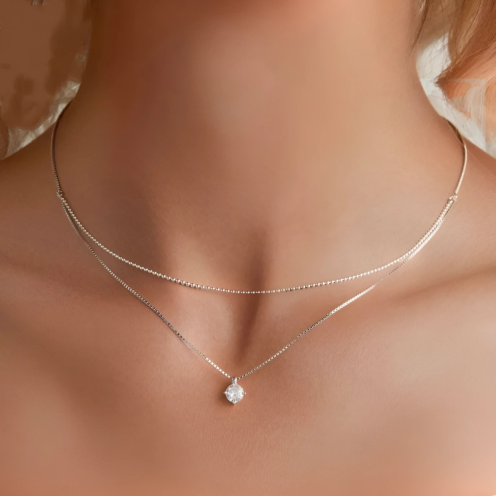Sterling silver double-layer necklace with pearl chain design and pendant