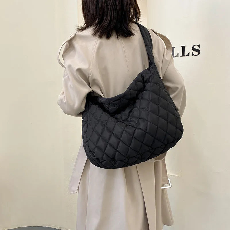 Women's large nylon tote shoulder bag with zip, soft handle, 60cm strap, in white or black