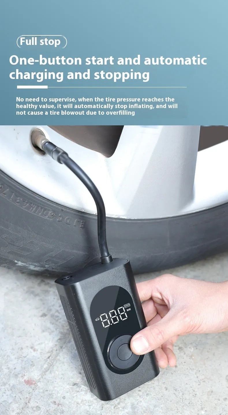 Portable wireless tyre pump with power bank and torch on a black background.