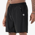 Men's black ice silk quick-drying sports shorts with high waist and cropped length on a plain background.