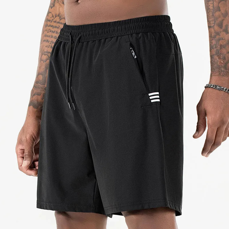 Men's black ice silk quick-drying sports shorts with high waist and cropped length on a plain background.