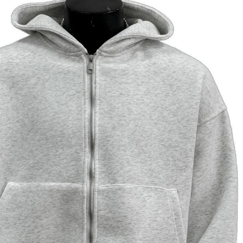 Men's grey hoodie with back schoolbag design, zip-up front and hood, polyester-cotton fabric