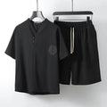 Men's loose linen cotton two-piece set with short sleeve top and matching shorts in multiple colour options