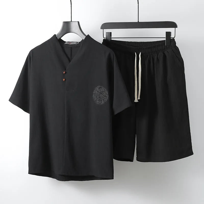 Men's loose linen cotton two-piece set with short sleeve top and matching shorts in multiple colour options