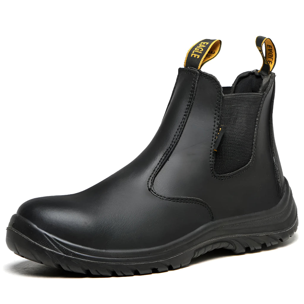 Black leather safety boots with high-top design and anti-piercing sole for workplace protection