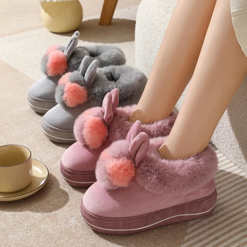 Grey plush winter high heel slippers with thick TPR sole for women