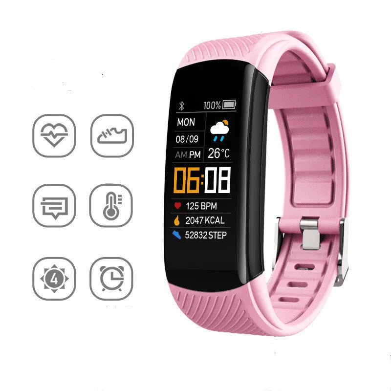 Adult sports silicone pedometer bracelet smart band with touchscreen on a wrist.