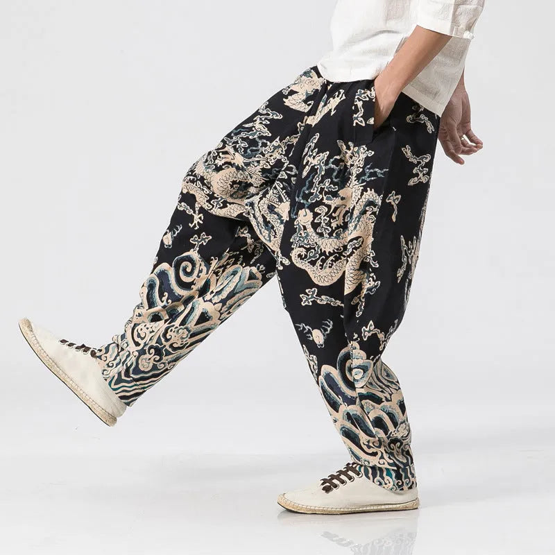 Men's dragon print harem pants with elastic waist and loose fit, available in multiple sizes