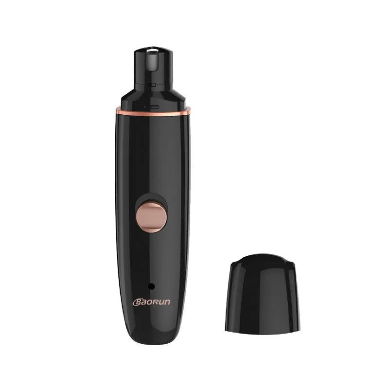 Black cat nail clipper with LED light and USB cable, ABS plastic body on white background