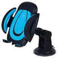 Blue suction cup U-shaped car phone holder mounted on a dashboard holding a mobile phone.