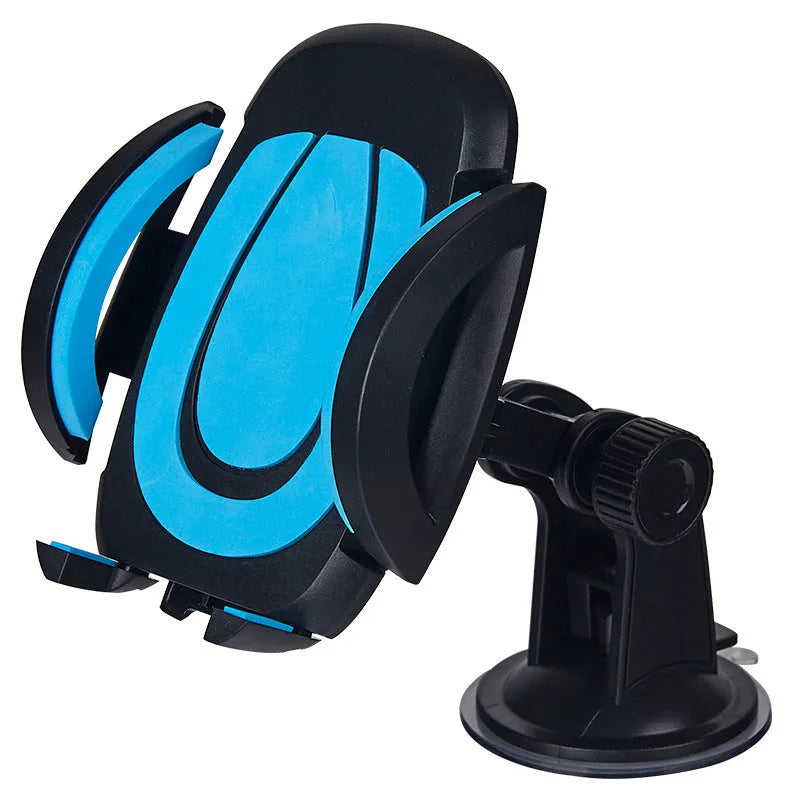 Red suction cup car phone holder with U-shaped clamp on a dashboard.
