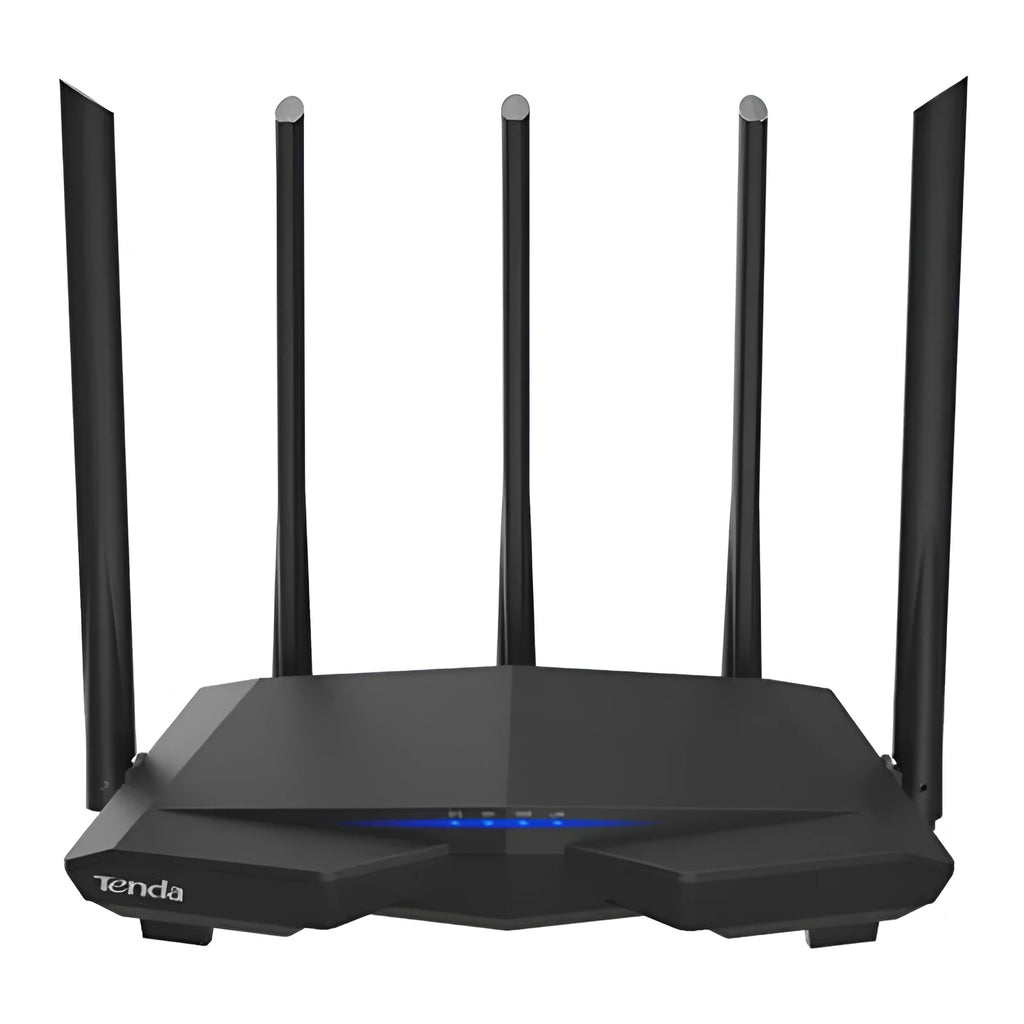 Dual-band AC7 wireless router, black, with four slots and 220 x 141.5 x 49mm body