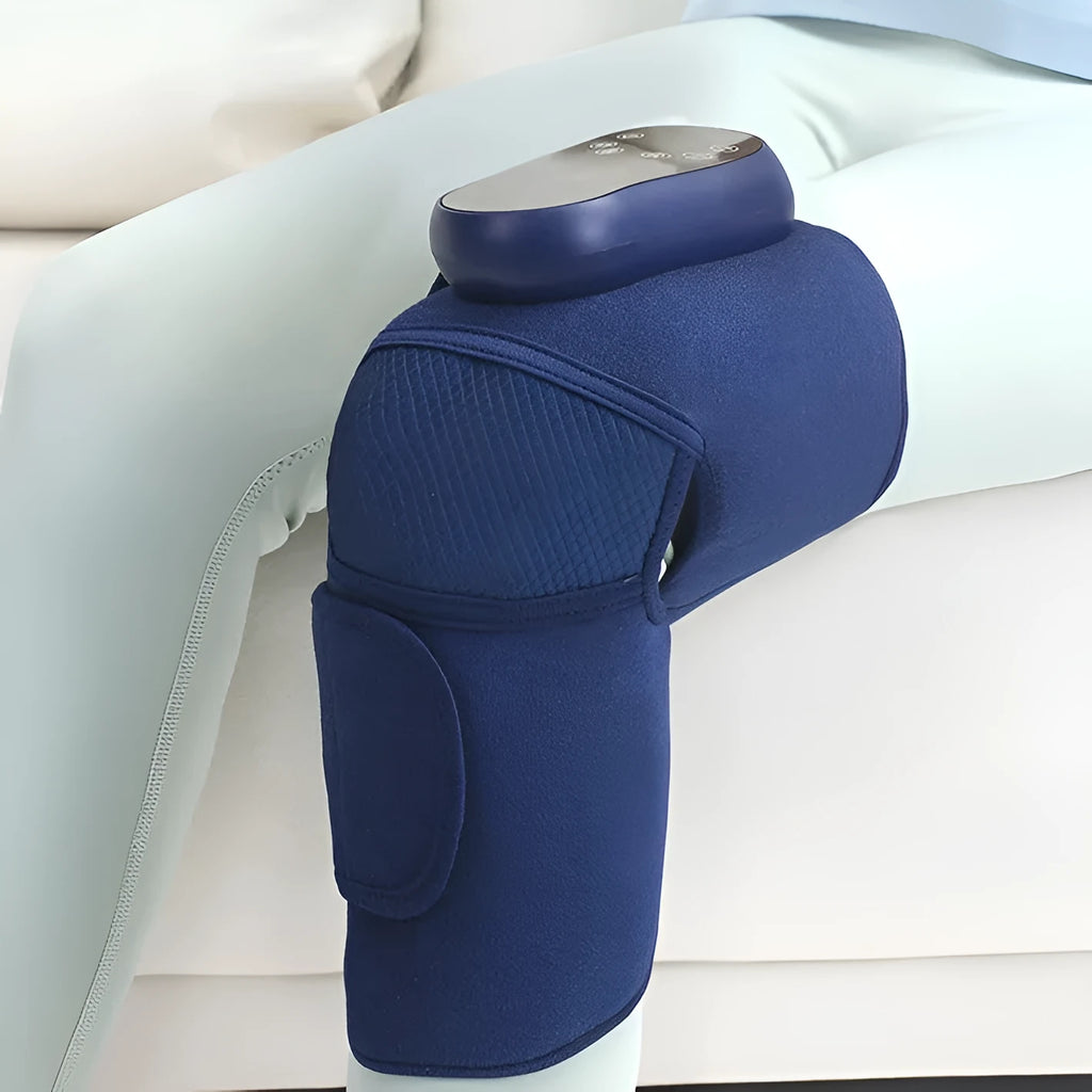 Blue self-heating knee massager with air pressure compression and vibration functions.
