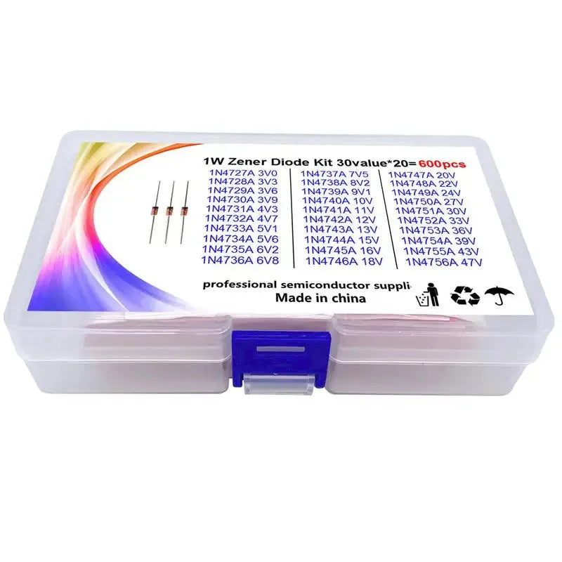 Close-up of a 1W glass-packaged Zener diode with boxed packaging.