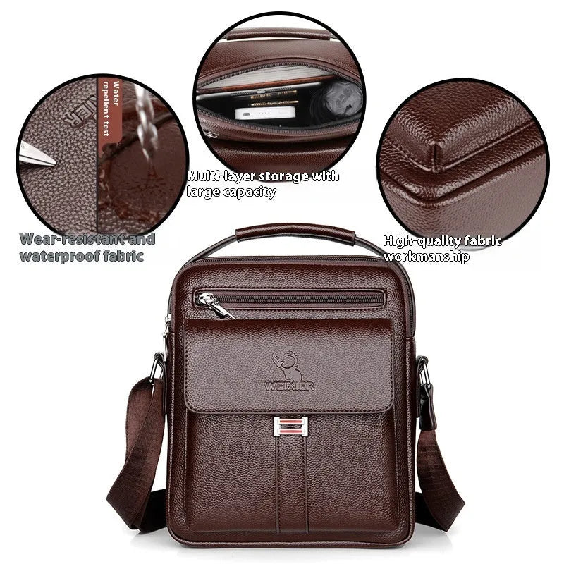 Men's PU leather crossbody bag waterproof wear-resistant available in litchi pattern black or plain dark brown