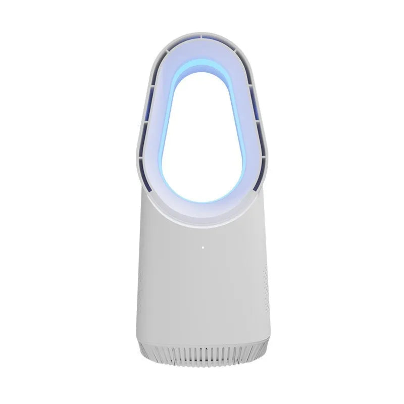 White bladeless tower fan with remote control on wooden floor