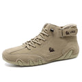 Men's khaki high top octopus shoes with a rubber sole and microfiber upper