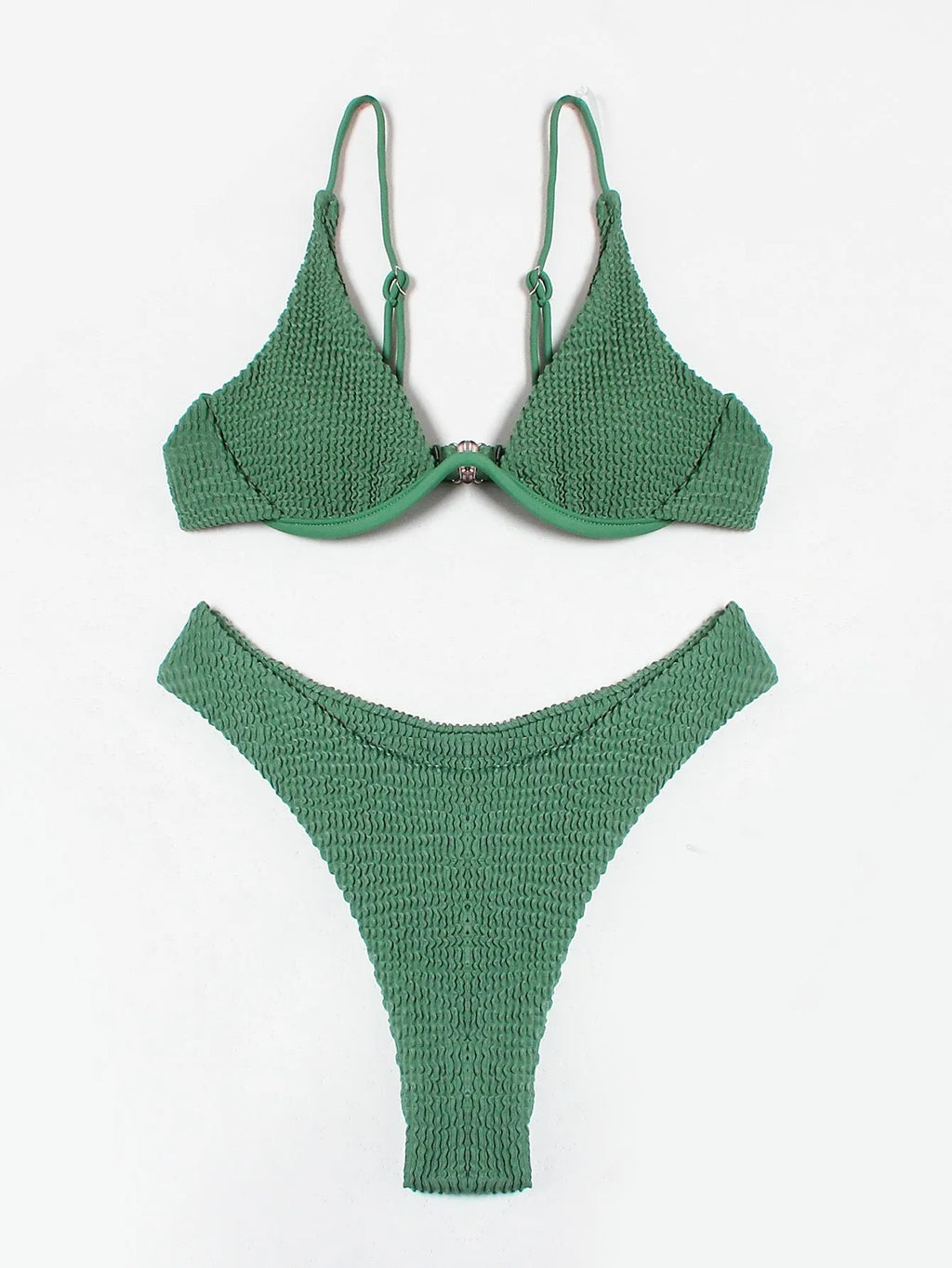 Women's solid green bikini suit with ruffle trim and split leg briefs on a mannequin.