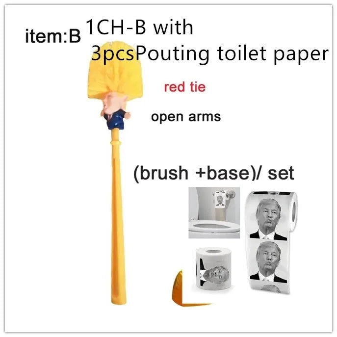 Yellow plastic Donald Trump novelty toilet brush with hanging slot, 40cm length