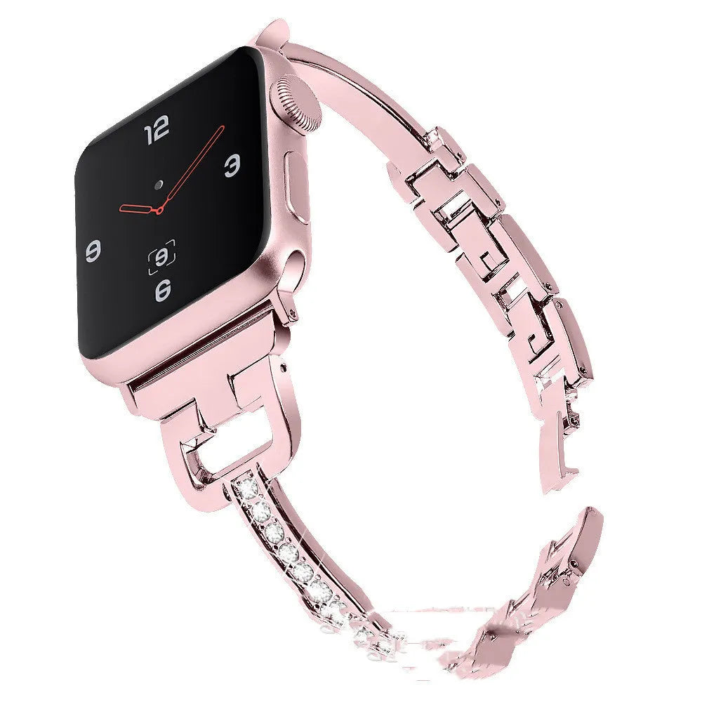 Apple Watch metal strap with diamond pattern in D-shaped connector design showing multiple colour options