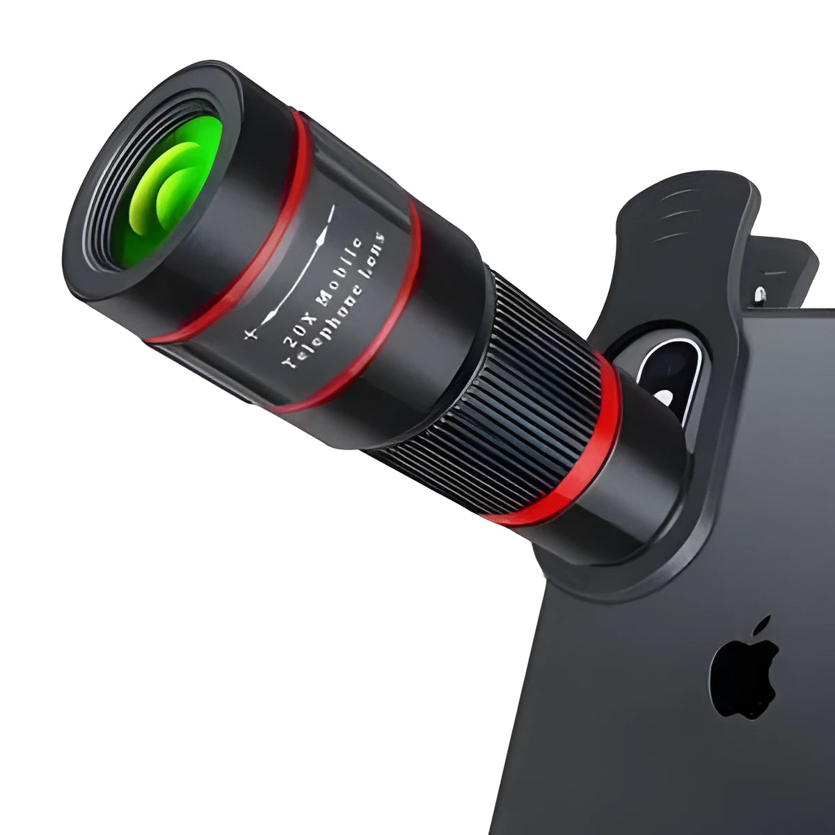 20x magnification mobile phone telescope lens with universal mounting clip and single eye mask.