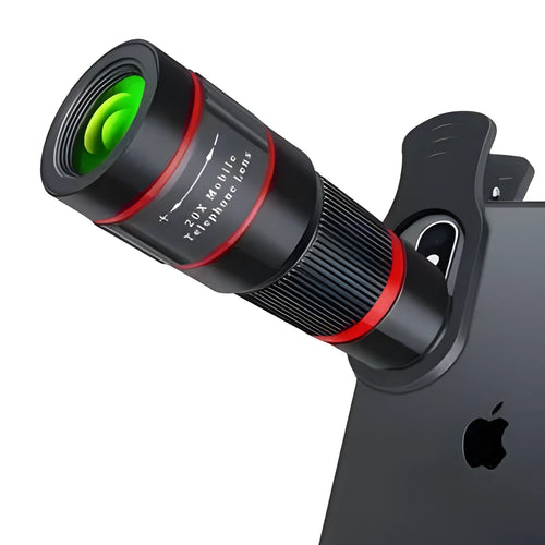 20x magnification mobile phone telescope lens with universal mounting clip and single eye mask.